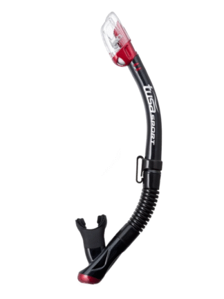TUSA Hyperdry Elite dry top technology stops water from entering into the snorkel, a drain chamber & purge valve for easy clearing, and silicone mouthpiece.