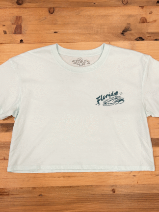 Watersports West x Stoefs Take it easy Women’s Cropped Tee. Women’s Seafoam Surf Tee Shirt. Comes in Extra-Small, Small, Medium, Large.