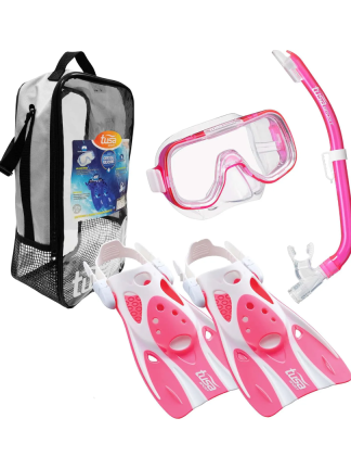 The Mini-Kleio Hyperdry Youth Travel Set includes a UM-2000 Mask, a USP-140 Snorkel, and a UF0103 Fin. Kids snorkel, mask and fins set.