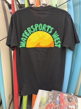 Watersports West x Yesterday's Groovy Sun Men's Tee. Men's Black Surf Tee. Available in Small, Medium, Large, XL, and XXL.