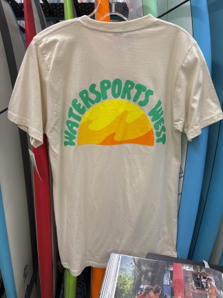 Watersports West x Yesterday's Groovy Sun Men's Tee. Men's Cream Tee. Available in Small, Medium, Large, XL, and XXL.