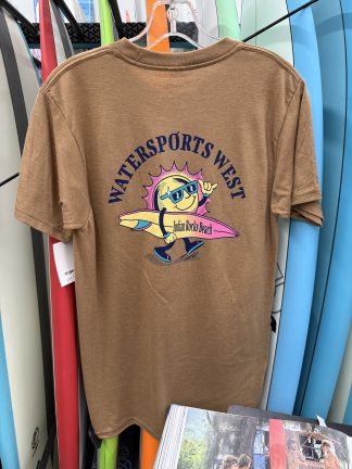 Watersports West X Yesterday's Varietal Men's Tee. Men's Brown Sugar Heather surf Tee. Available in Small, Medium, Large, XL, XXL.