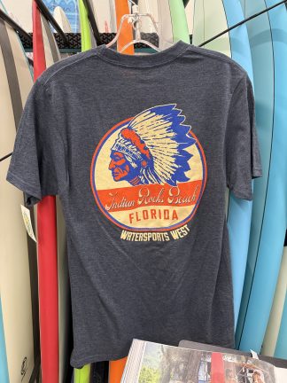 Watersports West X Yesterday's second Life Men's Tee. Men's Navy Heather Surf Tee. Available in Small, Medium, Large, XL, XXL.