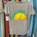 Watersports West x Yesterday's Groovy Sun Women's Tee. Women's Gray Surf Tee. Available in Small, Medium, Large, XL, and XXL.