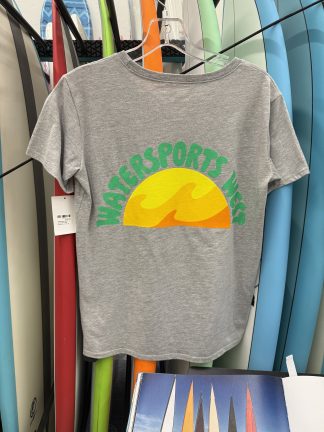 Watersports West x Yesterday's Groovy Sun Women's Tee. Women's Gray Surf Tee. Available in Small, Medium, Large, XL, and XXL.