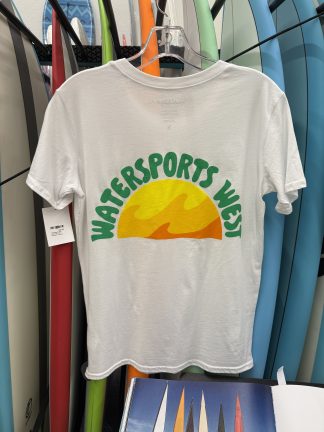 Watersports West x Yesterday's Groovy Sun Women's Tee. Women's White Surf Tee. Available in Small, Medium, Large, XL, and XXL.