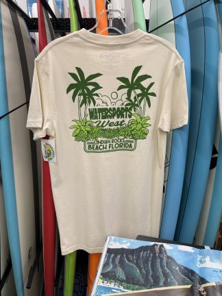 Watersports West x Stoefs Zen Garden Men’s Tee. Men’s Vintage Surf Tee Shirt. Comes in Small, Medium, Large Extra-Large, and XXL.