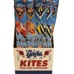 52" assorted poly body delta fish. Each kite comes w/twine & winder. Keel guided: helps keep kite stable. Wind rated: 5-15mph.