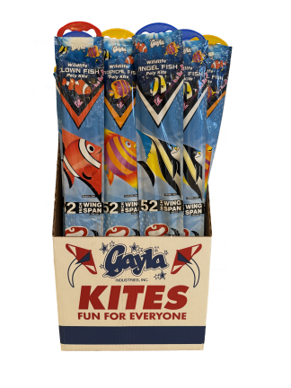 52" assorted poly body delta fish. Each kite comes w/twine & winder. Keel guided: helps keep kite stable. Wind rated: 5-15mph.